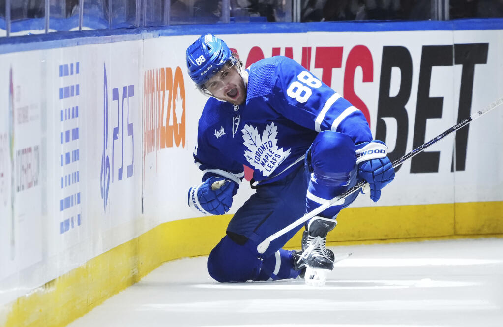 The Maple Leafs’ William Nylander celebrates after his goal against the Boston Bruins during third-period action in Game 6 of their first-round playoff series in Toronto, Thursday, May 2, 2024. (Nathan Denette / Canadian Press)