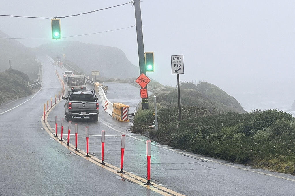 In this provided by the California Department of Transportation, a section of Highway 1 re-opened, Friday, May 17, 2024, in Big Sur, Calif., after repairs were made following storm damage. (Kevin Drabinski/California Department of Transportation via AP)
