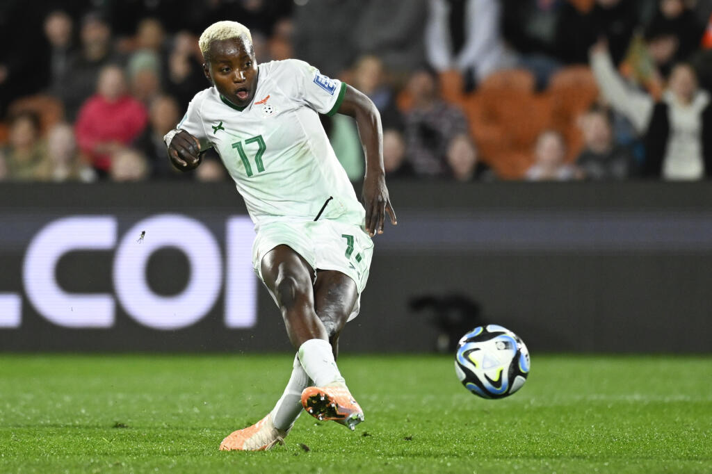 Zambia's Racheal Kundananji scores her team's third goal during the Women's World Cup match against Costa Rica in Hamilton, New Zealand, Monday, July 31, 2023. (Andrew Cornaga / ASSOCIATED PRESS)
