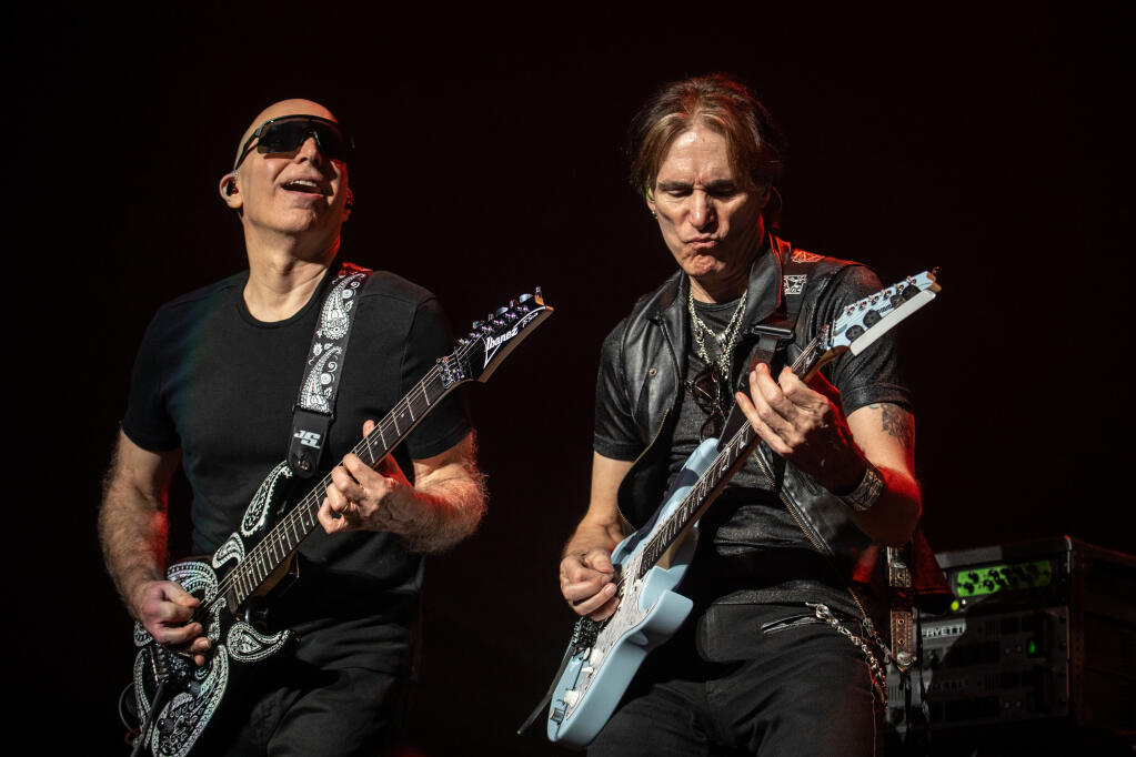Joe Satriani, left, and Steve Vai bring their Satch Vai U.S. Tour to Santa Rosa’s Luther Burbank Center for the Arts on May 12.  (Jon Luini)