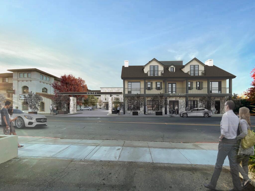 Architect's perspective across West Napa of the proposed hotel project half a block from the Sonoma Plaza. The Umpqua Bank buildling on the left will be retained, but new structures built behind the parking lot, center, and for the 80-seat restaurant with 12 guest rooms above it, on the right. (RossDrulisCusenbery Architecture Inc.)