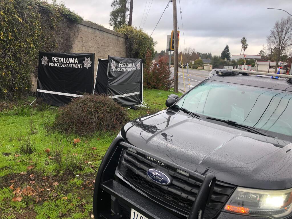 Authorities located a body early Wednesday, Jan. 10, 2024, near a Petaluma intersection. Police have not found any “obvious signs” of foul play but are still investigating. (Beth Schlanker / The Press Democrat)