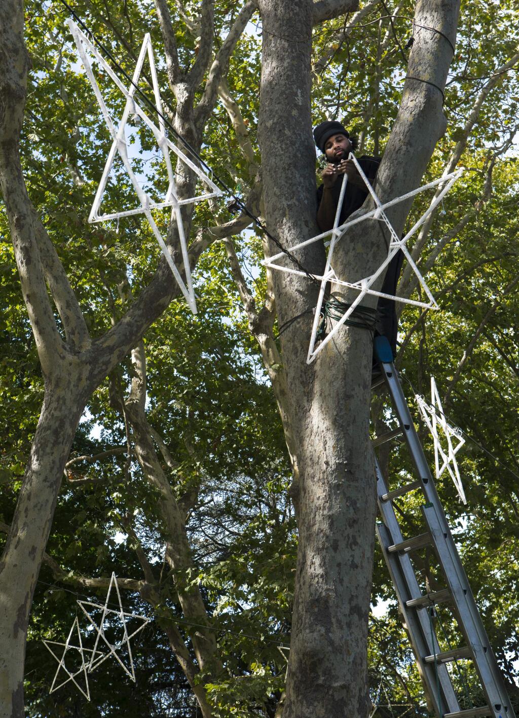 Niqeel Wyndham, of Christmas Lights Pros, hung stars on the Plaza on Thursday, Oct. 24, in preparation for the Plaza Christmas lighting celebration. (Photo by Robbi Pengelly/Index-Tribune)