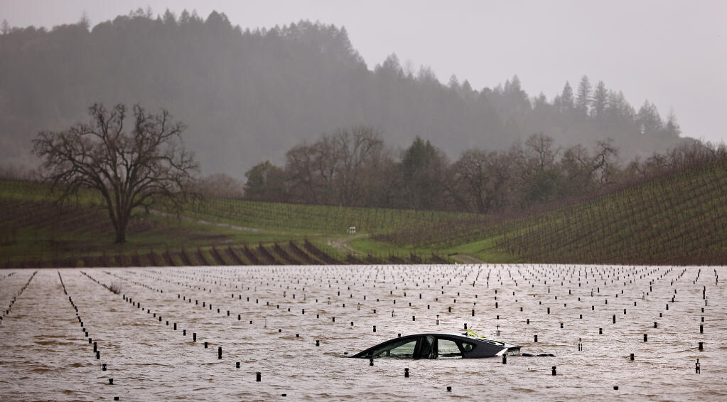 A vehicle driven by Daphne Fontino, 43, of Ukiah, begins to emerge as floodwaters recede at an area vineyard, Saturday, Jan. 14, 2023. Fontino died after being swept off Trenton-Healdsburg Road by floodwaters near Forestville on Jan. 10. (Kent Porter / The Press Democrat file)