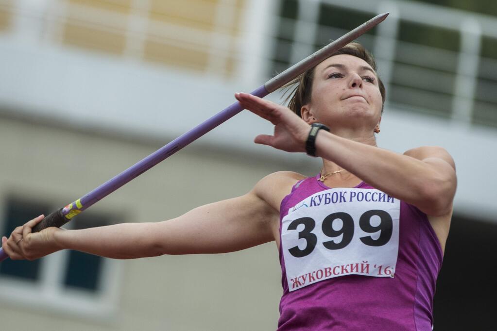 Russian javelin thrower Vera Rebrik competes in the Russian Cup athletics competition in Zhukovsky, near Moscow, Russia, Wednesday, July 20, 2016. A day before a sports court rules on Russia's appeal against the ban on its track and field team from the Olympics, star Russian athletes at a meet near Moscow pondered how they will react if they are banned from Rio Olympics. (AP Photo/Pavel Golovkin)
