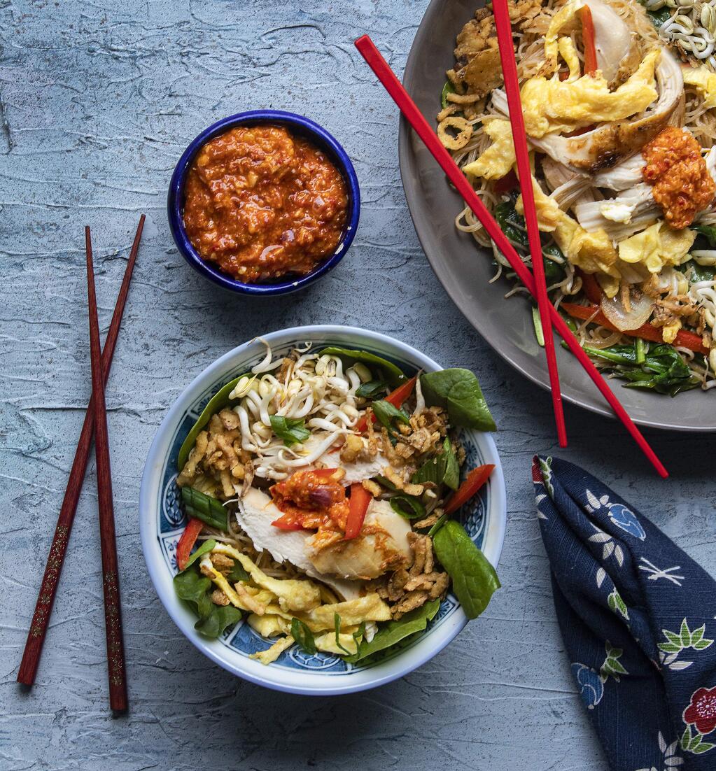 From a whole roast Chicken with Curry Powder chef Mei Ibach created a leftover meal of Stir-Fry with Rice-Stick Noodles, Leftover Chicken and Spring Vegetables. (photo by John Burgess/The Press Democrat)