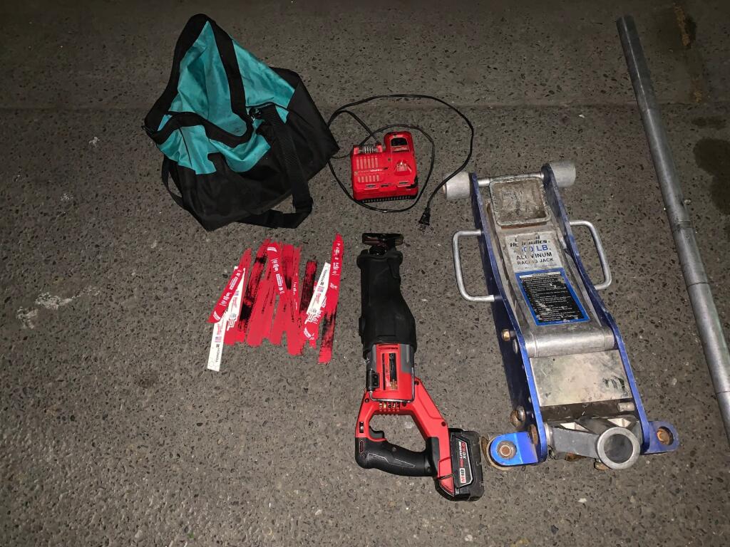 Healdsburg police officers searched a vehicle during a traffic stop on Monday, March 21, 2022, and found a hydraulic vehicle jack, a power saw, 22 metal power saw blades, multiple charged batteries, a quick battery charger and a methamphetamine pipe, according to a police report. (Healdsburg Police Department / Facebook)