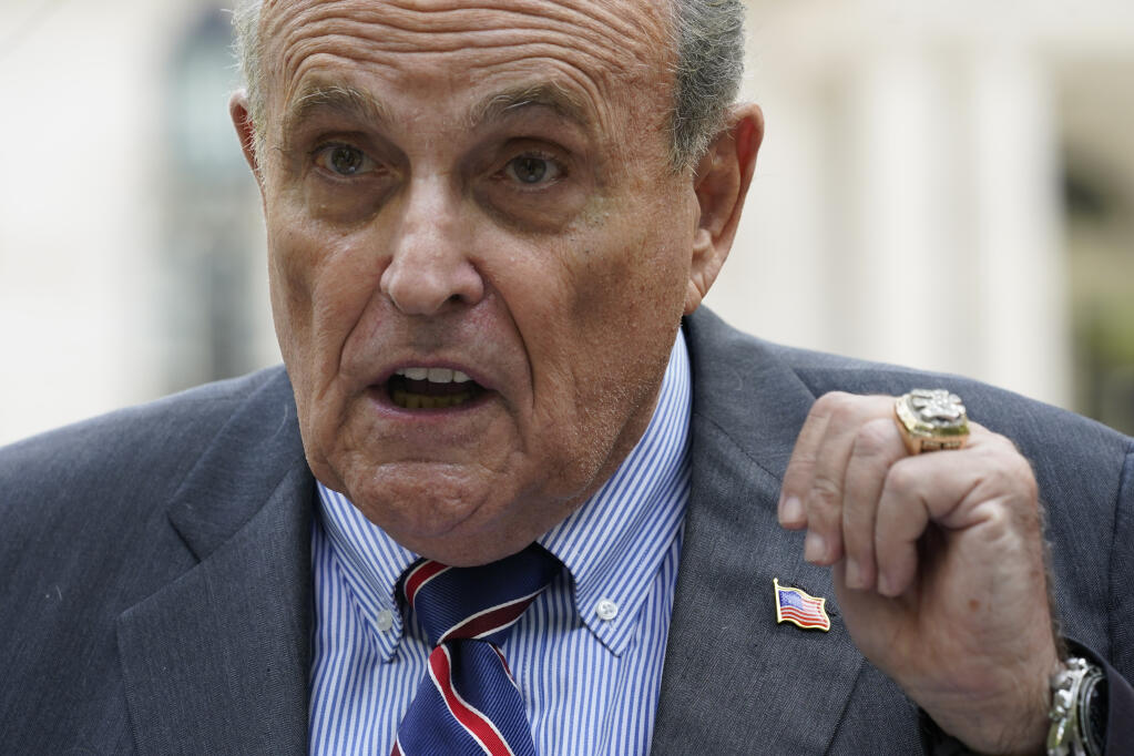 FILE - Former New York City mayor Rudy Giuliani speaks during a news conference June 7, 2022, in New York. Giuliani, one of Donald Trump’s primary lawyers during the then-president's failed efforts to overturn the results of the 2020 election, must now answer to professional ethics charges, the latest career slap after law license suspensions in New York and the District of Columbia. (AP Photo/Mary Altaffer, File)
