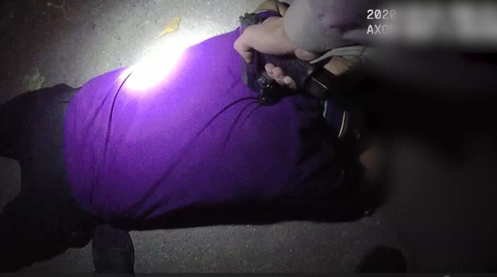 Sonoma County Sheriff deputy's body camera footage from an Oct. 31, 2020, emergency call. An internal investigation faulted Deputy Jose Vega for using excessive force; holding a Taser and gun in each hand with a flashlight in his armpit simultaneously; using inappropriate language and failing to “adequately” identify the detainee. (Sonoma County Sheriff’s Office)