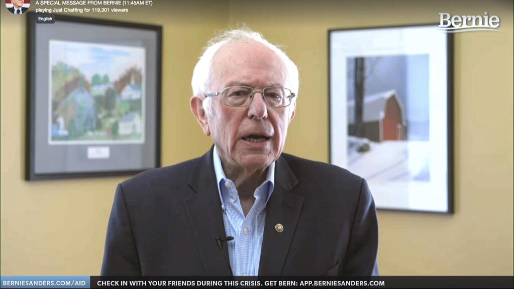 This image from video provided by the Bernie Sanders presidential campaign shows Sen. Bernie Sanders, I-Vt., as he announces he is ending his presidential campaign Wednesday, April 8, 2020, in Burlington, Vt. (Bernie Sanders for President via AP)