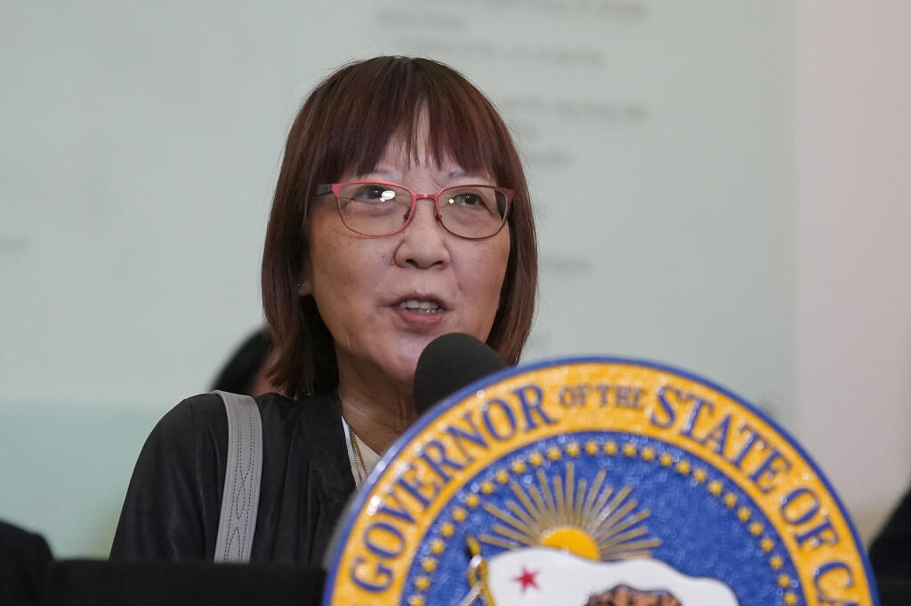 FILE - Alameda County Supervisor Wilma Chan speaks at Asian Health Services in Oakland, Calif., Wednesday, Oct. 27, 2021. Chan died Wednesday, Nov. 3 after being hit by a car while walking her dog, her office said. She was 72. (AP Photo/Jeff Chiu, File)