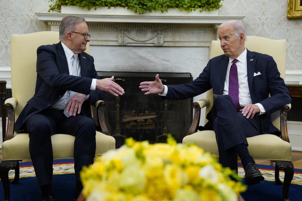 President Joe Biden meets Australia's Prime Minister Anthony Albanese in the Oval Office of the White House, Wednesday, Oct. 25, 2023, in Washington. (AP Photo/Evan Vucci)