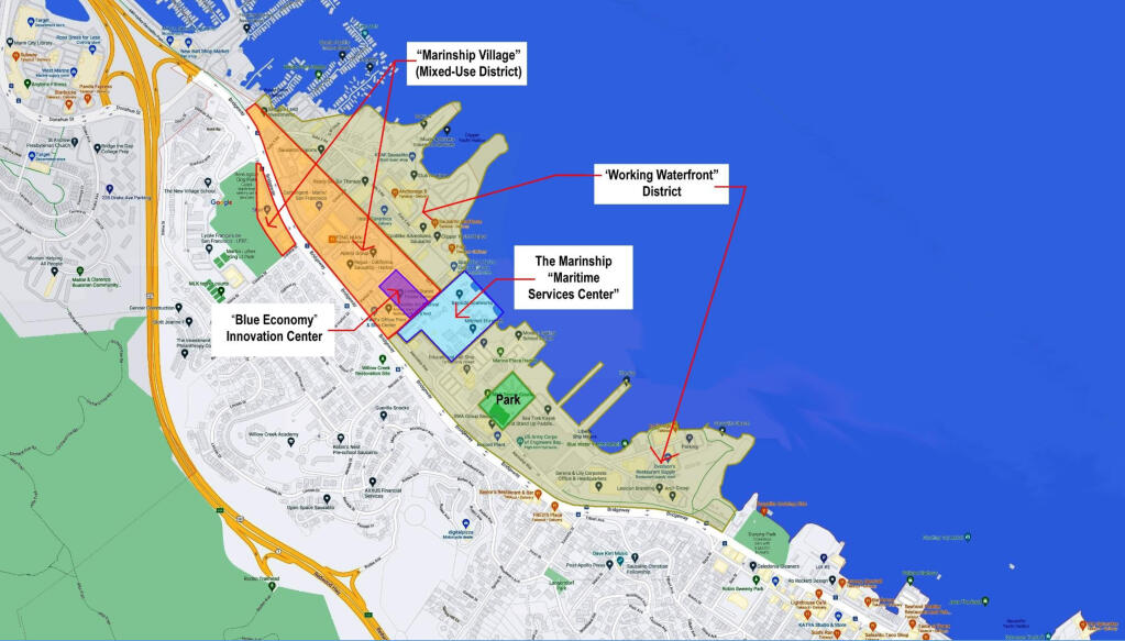 The Community Venture Partners proposal, presented to the City Council on May 23, would divide Sausalito’s Marinship area into four districts: the residential and commercial Marinship Village, a working waterfront, a maritime service center and an ocean resources innovation sector. (Courtesy: Community Venture Partners / city of Sausalito)