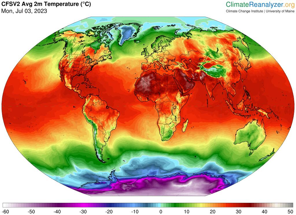 The average temperature high for Monday reached a record of over 17.01 degrees Celsius (62.62 Fahrenheit) for the first time in recorded history, according an analysis  using data from the National Oceanic and Atmospheric Administration. The previous record was 16.92 C (62.46 F), which occurred on both Aug. 14, 2016, and July 24, 2022. (University of Maine)