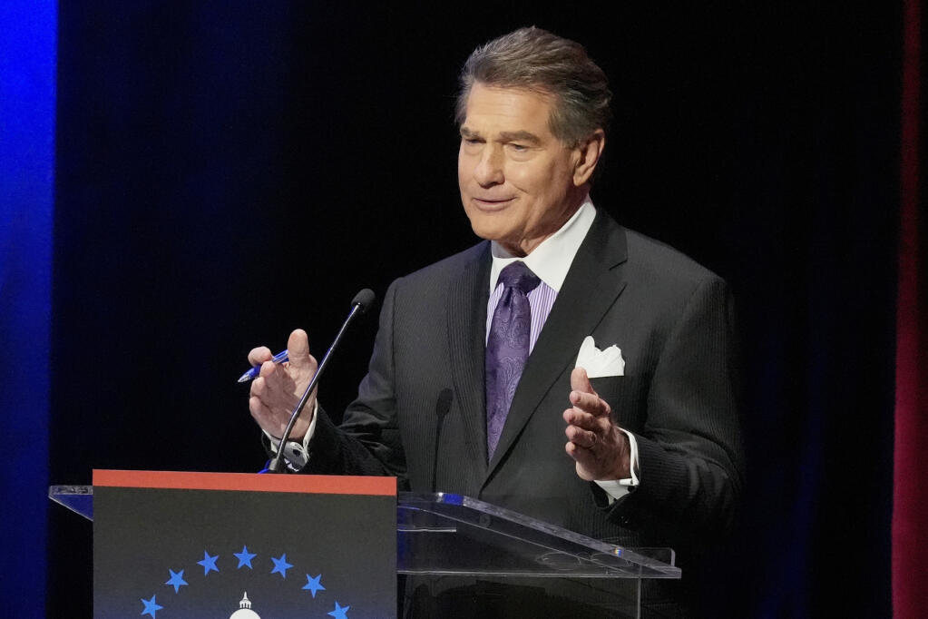 FILE - Former baseball player Steve Garvey speaks during a televised debate for candidates in the senate race on Jan. 22, 2024, in Los Angeles. California’s U.S. Senate race was expected to be a three-way Democratic prizefight. But the possibility of record-low turnout is elevating Garvey's chances to advance to the general election in November. (AP Photo/Damian Dovarganes, File)