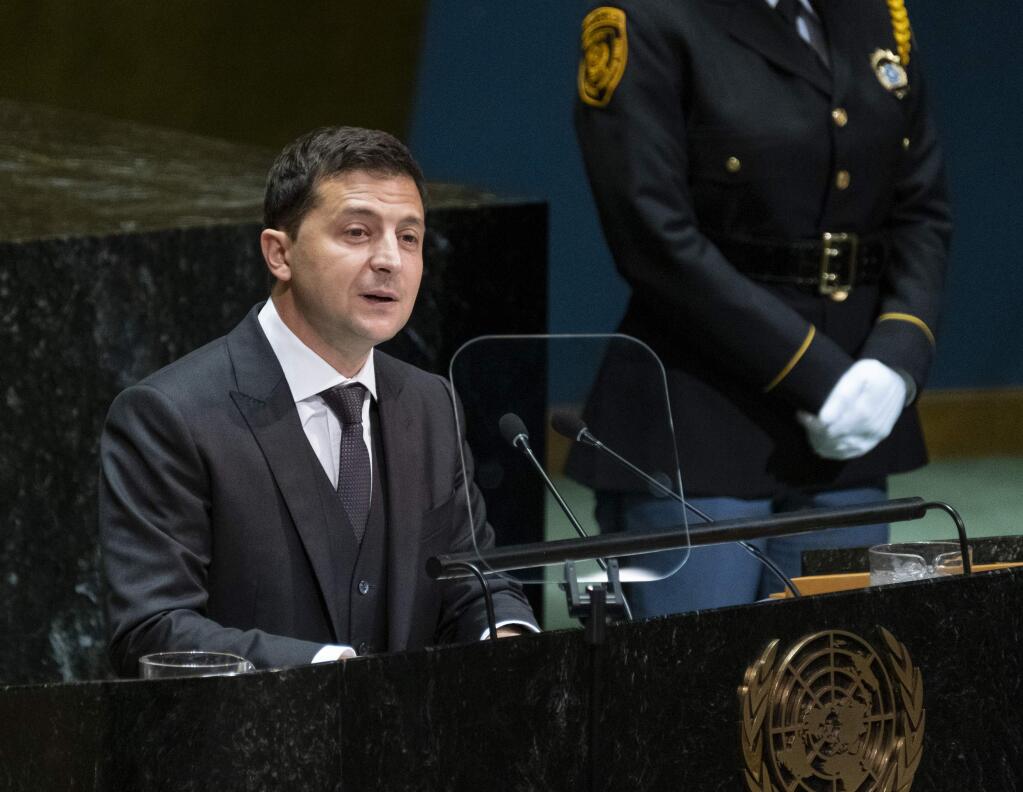 Ukrainian President Volodymyr Zelenskiy addresses the 74th session of the United Nations General Assembly, Wednesday, Sept. 25, 2019, at the United Nations headquarters. (AP Photo/Craig Ruttle)