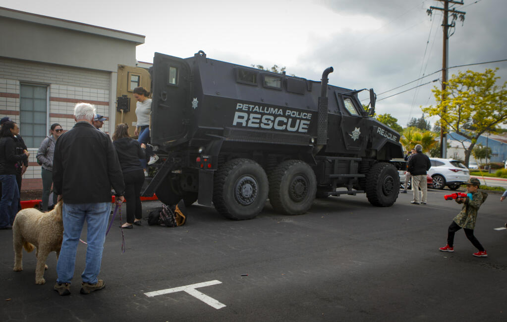 The Petaluma Police Department held a military equipment display at the station on Thursday, May 04, 2023, where the public could check out the police’s armored rescue vehicle (ARV) obtained at no cost from the U.S. military. (CRISSY PASCUAL/ARGUS-COURIER STAFF)