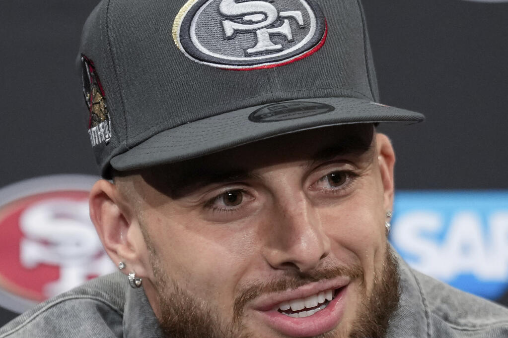 49ers first-round draft pick Ricky Pearsall Jr. speaks at a news conference last Friday in Santa Clara. Pearsall is expected to play special teams this year while being an insurance policy in case the team decides to move Deebo Samuel or Brandon Aiyuk. (AP Photo/Godofredo A. Vásquez)