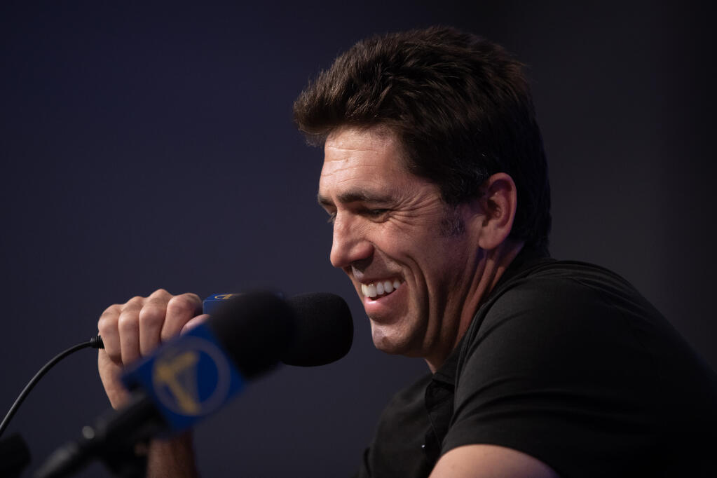 Bob Myers announces he is stepping down from his role as the the Golden State Warriors president of basketball operations and general manager during a press conference, Tuesday, May 30, 2023. at Chase Center in San Francisco, Calif. (Karl Mondon/Bay Area News Group)