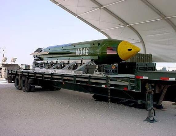 This photo provided by Eglin Air Force Base shows the GBU-43/B Massive Ordnance Air Blast bomb. The Pentagon says U.S. forces in Afghanistan dropped the military's largest non-nuclear bomb on an Islamic State target in Afghanistan. A Pentagon spokesman said it was the first-ever combat use of the bomb, known as the GBU-43, which he said contains 11 tons of explosives. The Air Force calls it the Massive Ordnance Air Blast bomb. Based on the acronym, it has been nicknamed the 'Mother Of All Bombs.' (Eglin Air Force Base via AP)