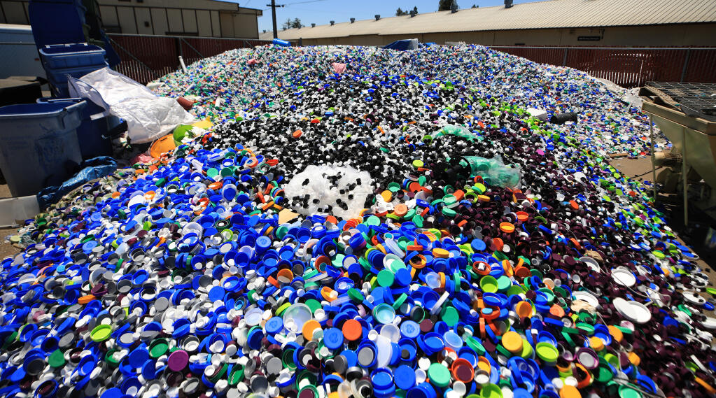 Certain types of plastics, like bottle caps at Resynergi are recycled, Friday, July 21, 2022 in Rohnert Park. (Kent Porter / The Press Democrat)