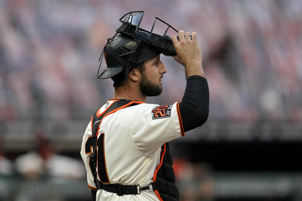 San Francisco Giants catcher Joey Bart waits at the plate during the first inning against the Los Angeles Angels in San Francisco on Thursday, Aug. 20, 2020. (Jeff Chiu / ASSOCIATED PRESS)