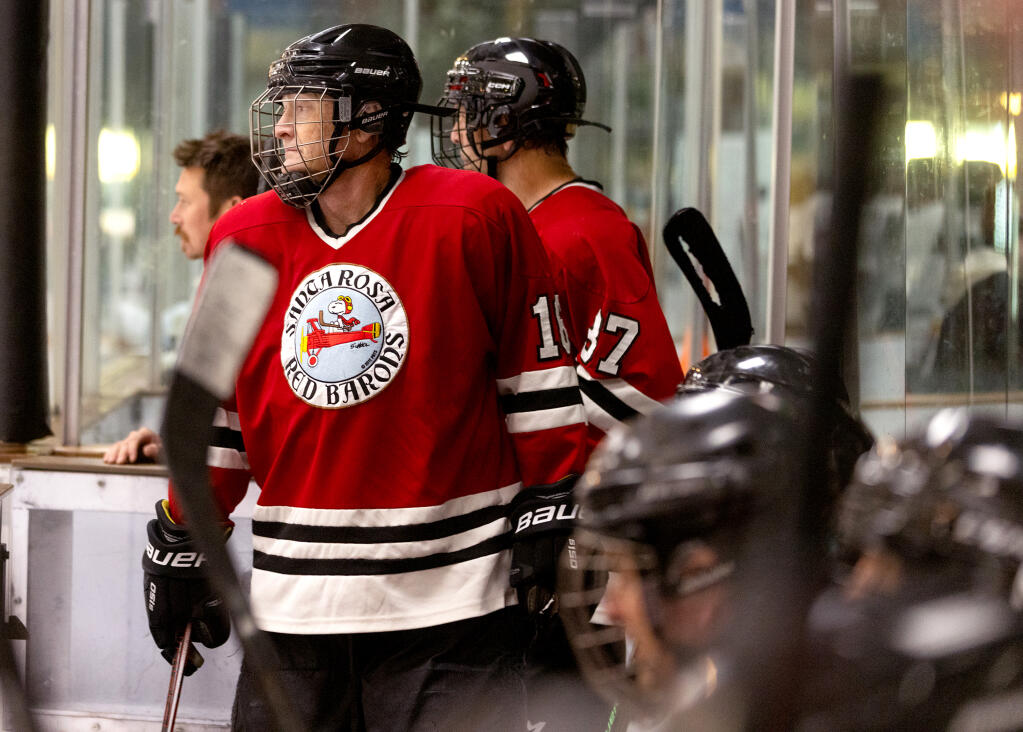 Ken Schneider, 67, heads to the bench after a shift with the Santa Rosa Red Barons at the Snoopy’s 45th Annual Senior World Hockey Tournament at Snoopy’s Home Ice in Santa Rosa, Monday, July 10, 2023. (John Burgess / The Press Democrat)