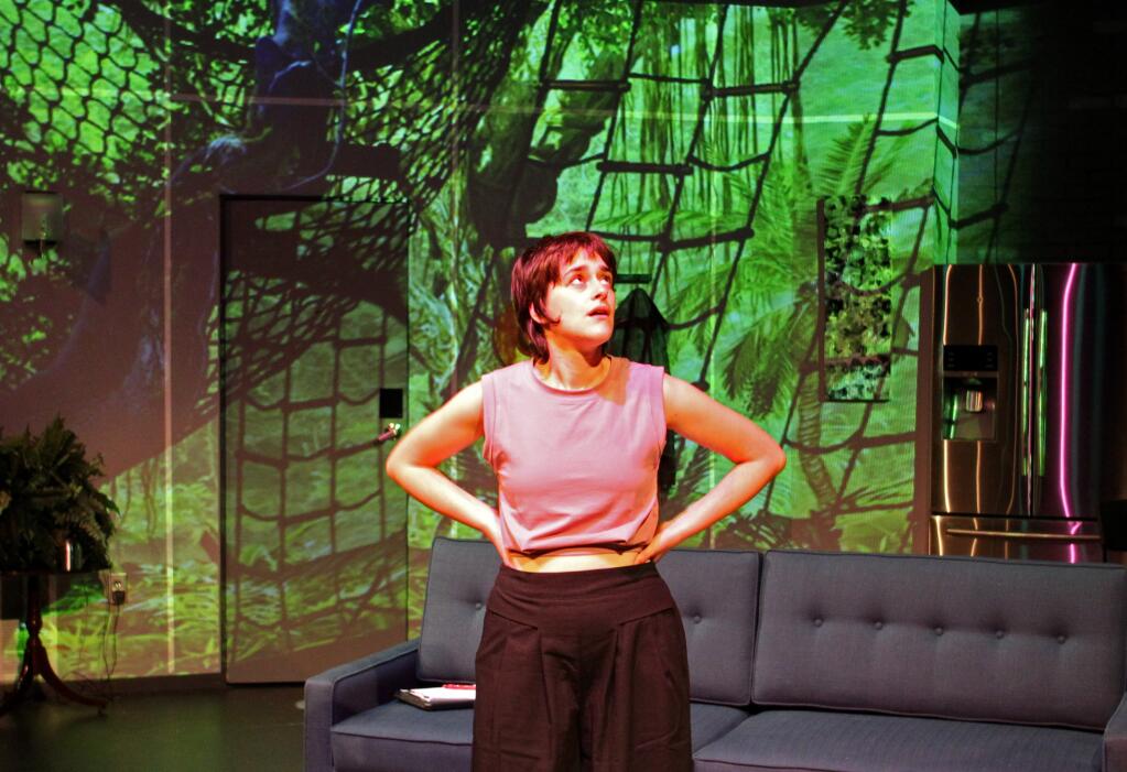 In “Atlas, the Lonely Gibbon,” Taylor DIffenderfer plays a work-at-home writer escaping her loneliness inside a virtual reality documentary about gibbons. (BY JEFF THOMAS/COURTESY OF SPRECKELS THEATRE COMPANY)