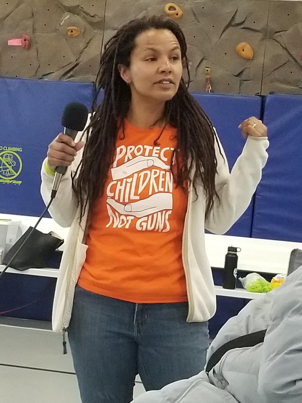 Miriam Bresnyan, mother of a student in the Sonoma Valley Unified School District, speaks at the Sonoma Safety Community Forum, which took place on Monday, April 17 at the Boys & GIrls Clubs of Sonoma Valley.