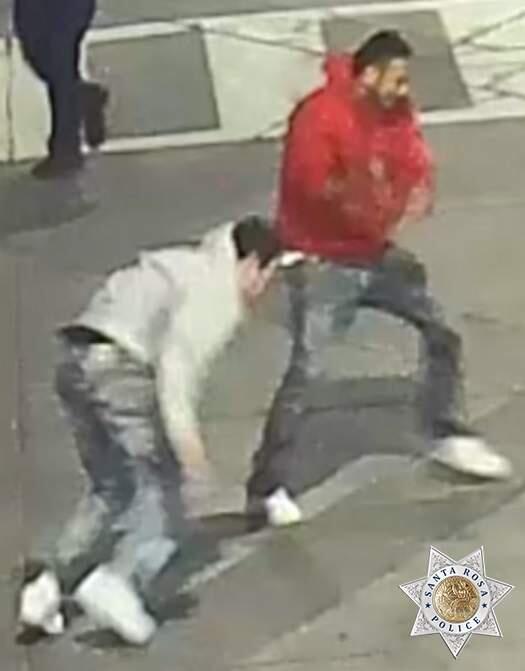 Santa Rosa police released a photo of two men who are suspected of being part of an attack on Tuesday, Feb. 18, 2020, at the Santa Rosa Transit Mall that resulted in three men being hospitalized. (Santa Rosa Police Department)