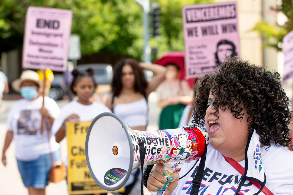 Delashay Carmona-Benson leads attendees in a chant during a Black Lives Matter rally at Old Courthouse Square in Santa Rosa, Saturday, Sept. 26, 2020. (Alvin A.H. Jornada / The Press Democrat file)
