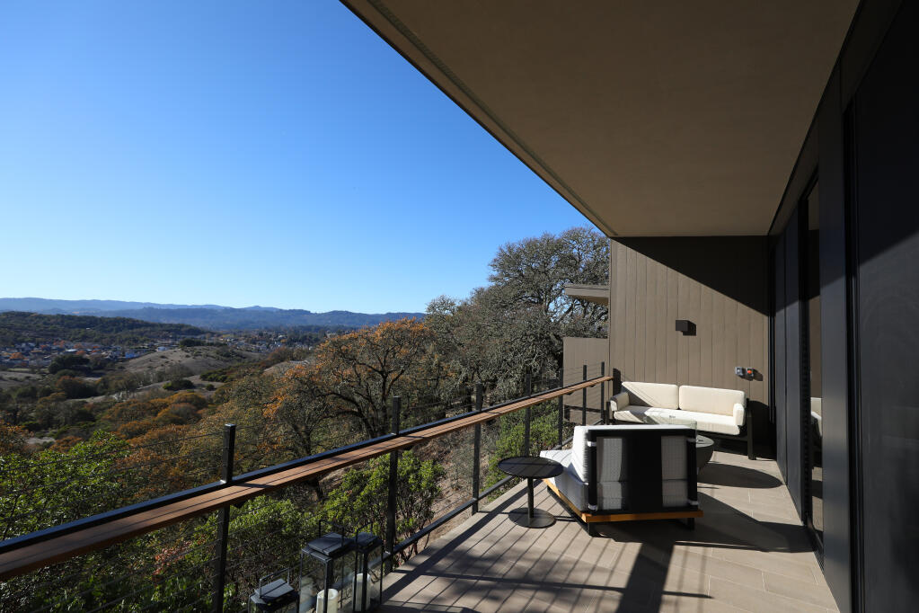 The view from the balcony of a Deluxe Mountain View suite at the Montage luxury resort hotel in Healdsburg, Thursday, Dec. 10, 2020.  (Christopher Chung / The Press Democrat file)