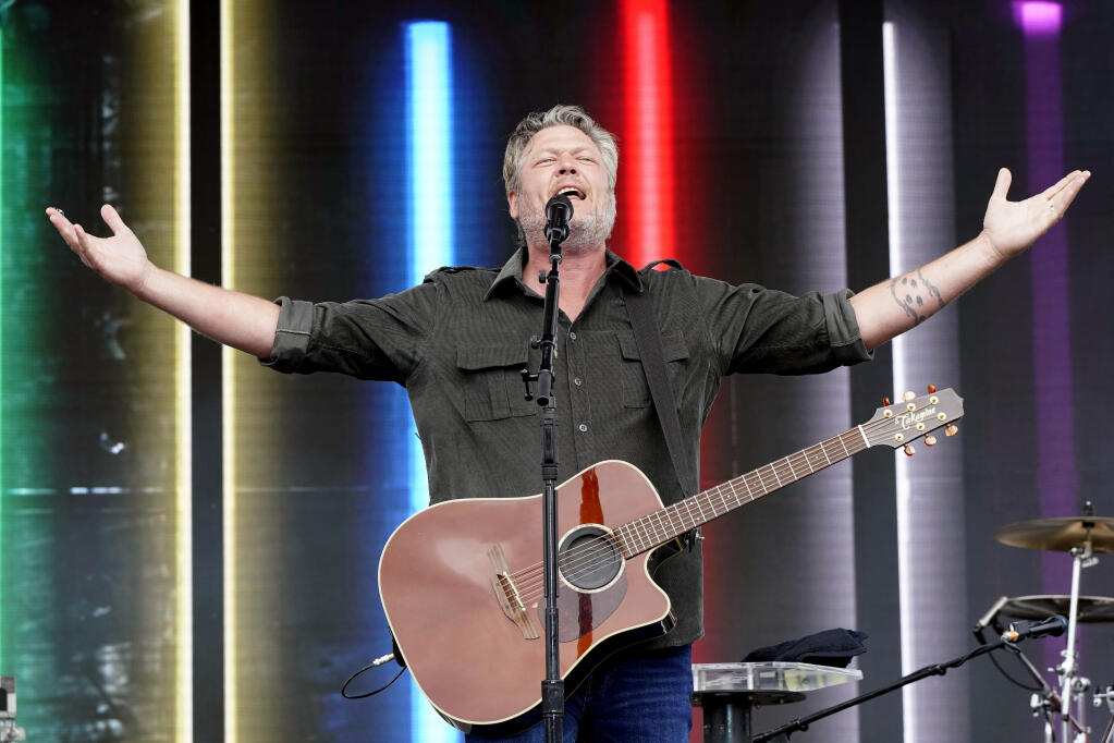 Country music star and TV personality Blake Shelton headlines Country Summer Music Festival in Santa Rosa on June 18. In this file photo, Shelton performs before the NASCAR All-Star auto race at Texas Motor Speedway in Fort Worth, Texas, Sunday, May 22, 2022. (AP Photo/Larry Papke)