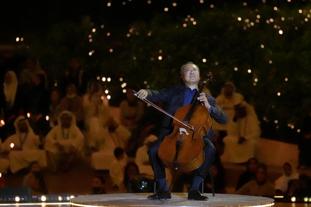 Yo-Yo Ma will perform in recital with pianist Kathryn Stott at the Green Music Center in Rohnert Park on April 2, 2023. In this photo, Yo-Yo Ma plays during the Dubai Expo 2020 closing ceremony in Dubai, United Arab Emirates, March 31, 2022. (AP/Ebrahim Noroozi)