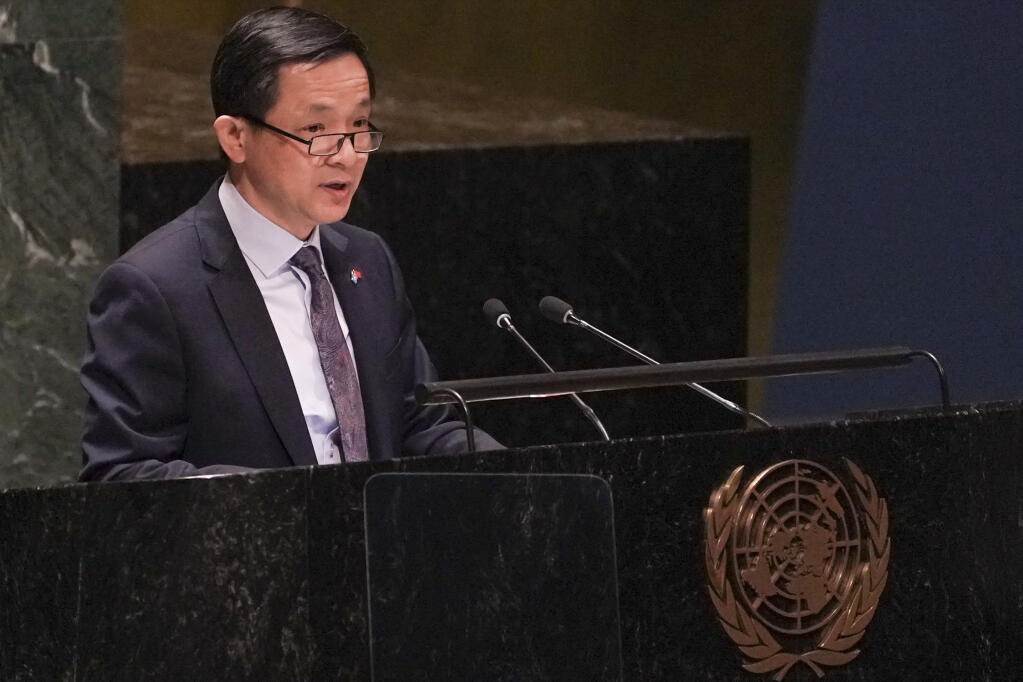 China's deputy United Nations Ambassador Dai Bing address the U.N. General Assembly before a vote for a U.N. resolution upholding Ukraine's territorial integrity and calling for a cessation of hostilities after Russia's invasion, Thursday Feb. 23, 2023 at U.N. headquarters. (AP Photo/Bebeto Matthews)