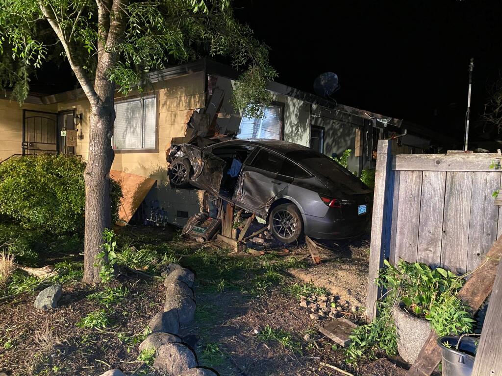 A car allegedly driven by Natasha Whittinghill, 47, the wife of Sonoma County Sheriff Eddie Engram, crashed into a home in the 5200 block of Beaumont Way in Santa Rosa early on Saturday morning, May 20, 2023. (Santa Rosa Police Department via Facebook)