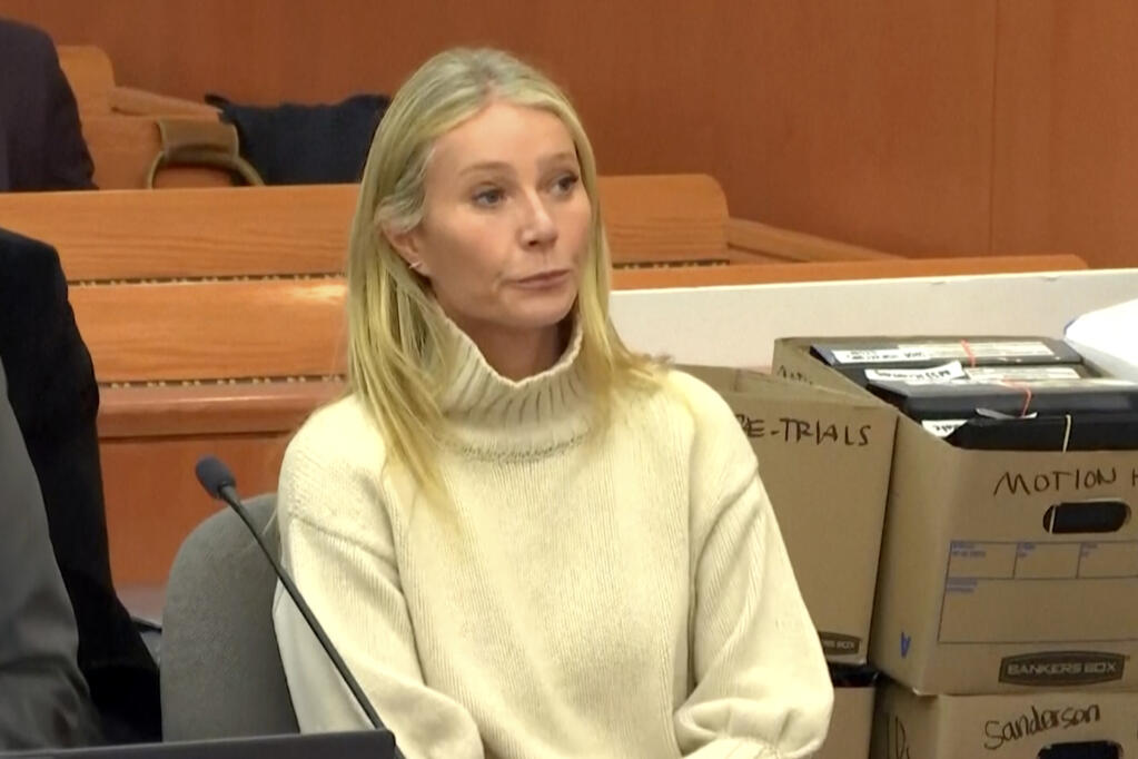 In this image taken from pool video, actor Gwyneth Paltrow appears during a hearing, Tuesday, March 21, 2023, in Park City, Utah, where she is accused in a lawsuit of crashing into a skier during a 2016 family ski vacation, leaving him with brain damage and four broken ribs. Terry Sanderson claims that the actor-turned-lifestyle influencer was cruising down the slopes so recklessly that they violently collided, leaving him on the ground as she and her entourage continued their descent down Deer Valley Resort, a skiers-only mountain known for its groomed runs, après-ski champagne yurts and posh clientele. (Pool Video via AP)