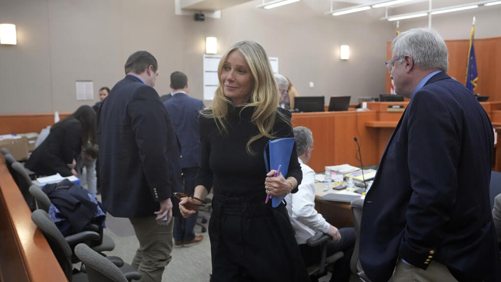 Gwyneth Paltrow leaves the courtroom, Wednesday, March 29, 2023, in Park City, Utah, where she is accused in a lawsuit of crashing into a skier during a 2016 family ski vacation, leaving him with brain damage and four broken ribs. (AP Photo/Rick Bowmer)