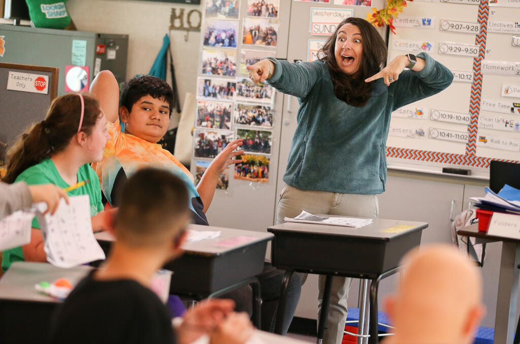 Teacher Meaghan King leads her Extensive Support Needs class at Herbert Slater Middle School in Santa Rosa, Monday, Sept. 25, 2023.  King has been selected as Sonoma County Office of Education’s teacher of the year.  (Christopher Chung / The Press Democrat)