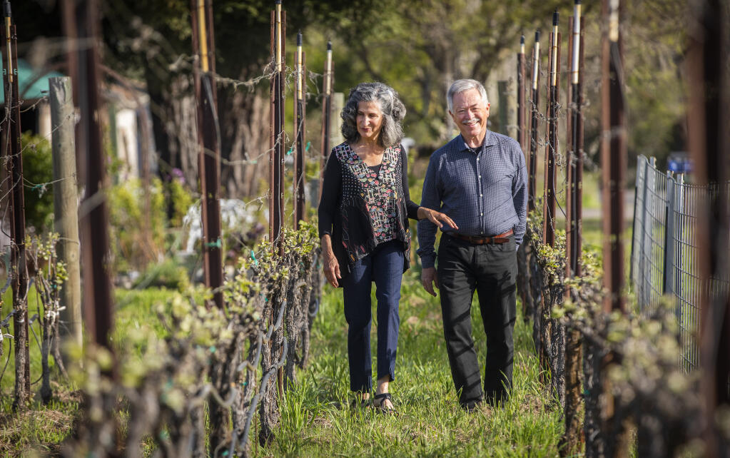 Barbara Quick and Wayne Roden walk through their small vineyard in front of their Cotati home on Thursday, April 7, 2022. Wayne has won numerous awards for his wines in amateur competitions. (John Burgess/The Press Democrat)