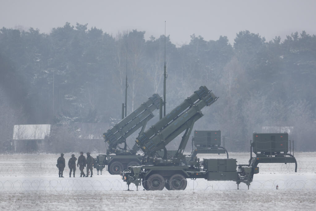 FILE - Patriot missile launchers acquired from the U.S. last year are seen deployed in Warsaw, Poland, on Feb. 6, 2023. Ukraine’s defense minister said Wednesday April 19, 2023 his country has received U.S-made Patriot surface-to-air guided missile systems it has long craved and which Kyiv hopes will help shield it from Russian strikes during the war. (AP Photo/Michal Dyjuk, File)