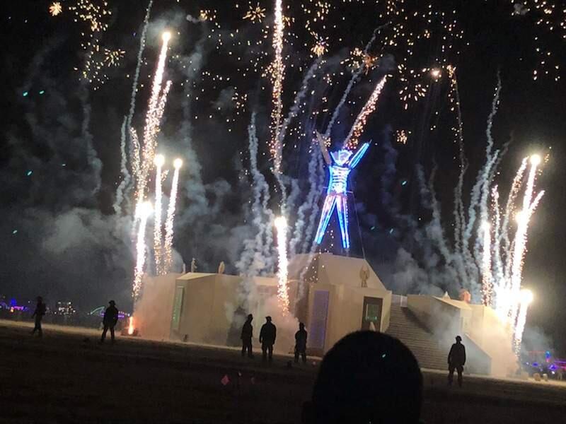 Pyrotechnics that preceded Saturday night's burning of the man at Burning Man. AndroNaut, the robot made from the debris of Cheri Sharp's burned Coffey Park home, had been located to the right of the figure. (COURTESY OF AILEEN CORMACK)
