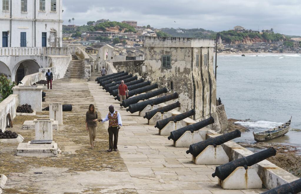 First lady Melania Trump tours Cape Coast Castle with Cape Coast Castle museum educator Kwesi Essel-Blankson in Cape Coast, Ghana, Wednesday, Oct. 3, 2018. The first lady is visiting Africa on her first solo international trip. (AP Photo/Carolyn Kaster)