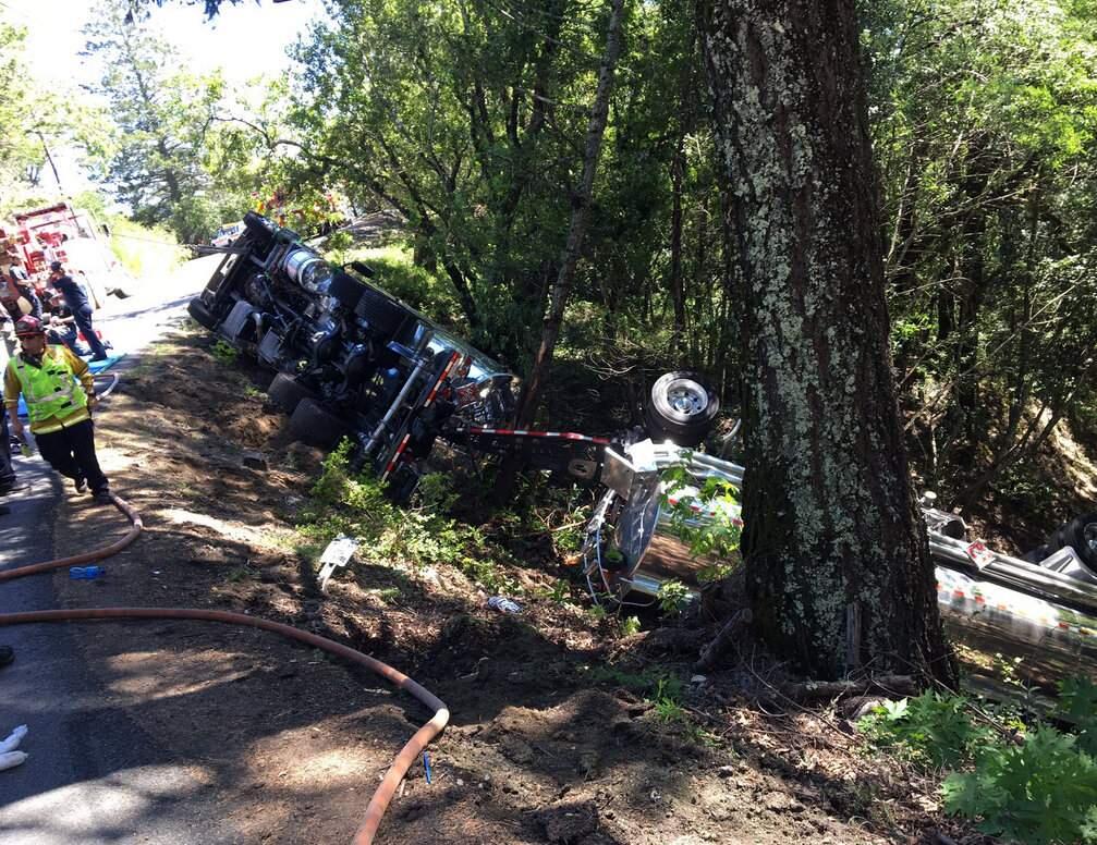 A tanker truck crashed off Highway 29 in Calistoga on closing the road, Thursday, April 25, 2019. (CHP NAPA/ TWITTER)