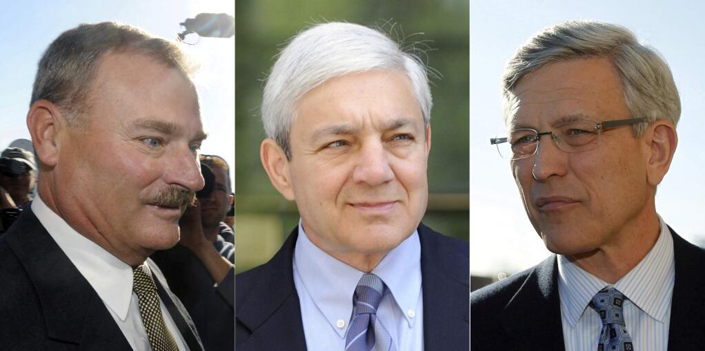 FILE – This file photo combination shows former Penn State vice president Gary Schultz, left, former Penn State athletic director Tim Curley, right, and former Penn State President Graham Spanier, center, in Harrisburg, Pa. Schultz, Curley and Spanier are scheduled to be sentenced for child endangerment Friday, June 2, 2017, in Harrisburg, Pa., for failing to report now-convicted sexual predator Jerry Sandusky to authorities in 2001. (AP Photos, File)