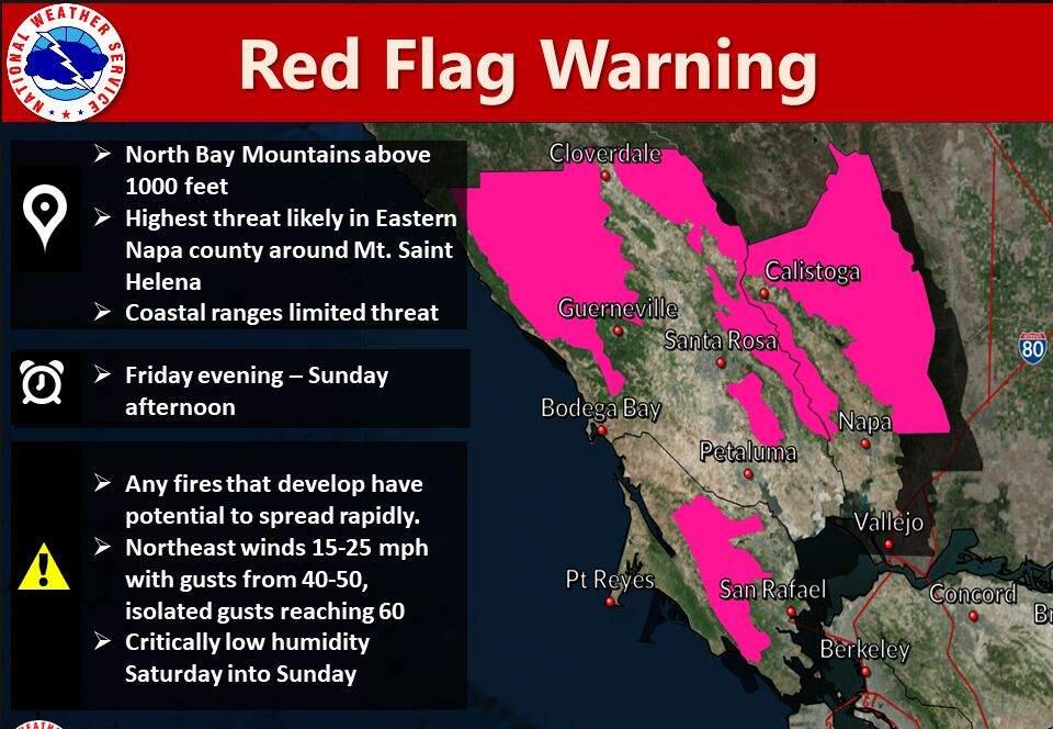 A map produced by the National Weather Service showing areas of the North Bay affected by the red flag fire weather warning in place from Friday evening through Sunday afternoon. (National Weather Service)