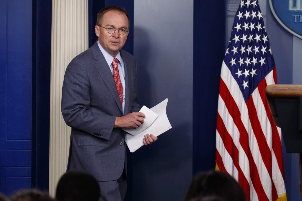 White House chief of staff Mick Mulvaney arrives to announce that the G7 will be held at Trump National Doral, Thursday, Oct. 17, 2019, in Washington. (AP Photo/Evan Vucci)