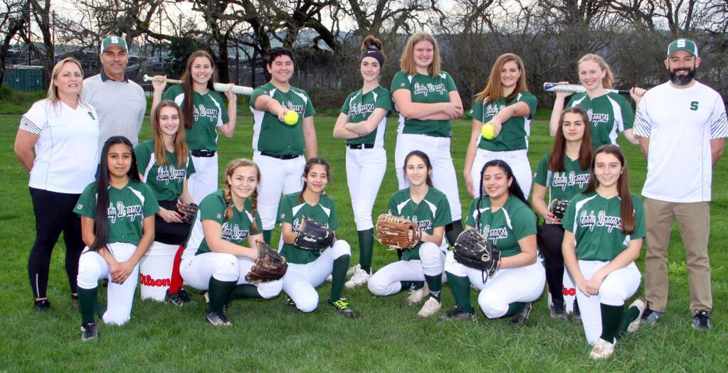 The girls junior varsity softball team still sports the 'Lady Dragons' name in their 2019 season uniforms.