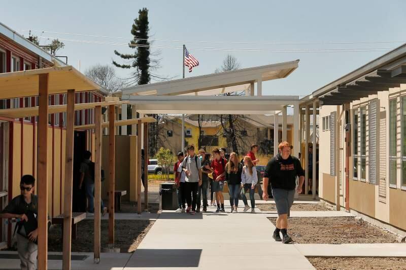 Cardinal Newman High School's north classroom building was destroyed in the October 2017 Tubbs Fire in north Santa Rosa. The rebuild is reopened in 2019. (Bella Photography & Design)