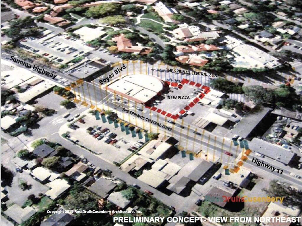 A 2015 conceptual map of the Springs Plaza by architect Michael Ross. While no official project has yet been proposed, Ross has sketched several pro-bono ideas for the space. (Ross Drulis Cusenbery  Architecture Inc.)